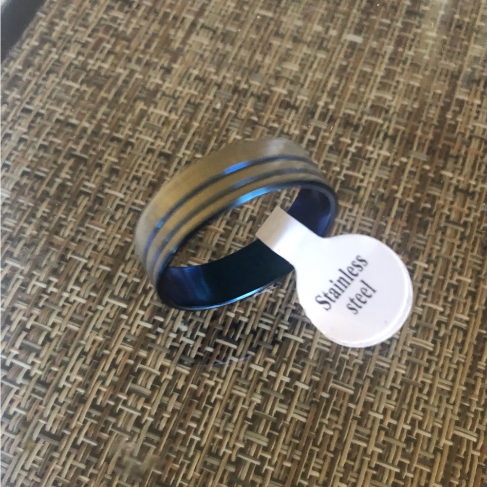 Stainless Steel Blue Line Ring Silver Tone Size 12